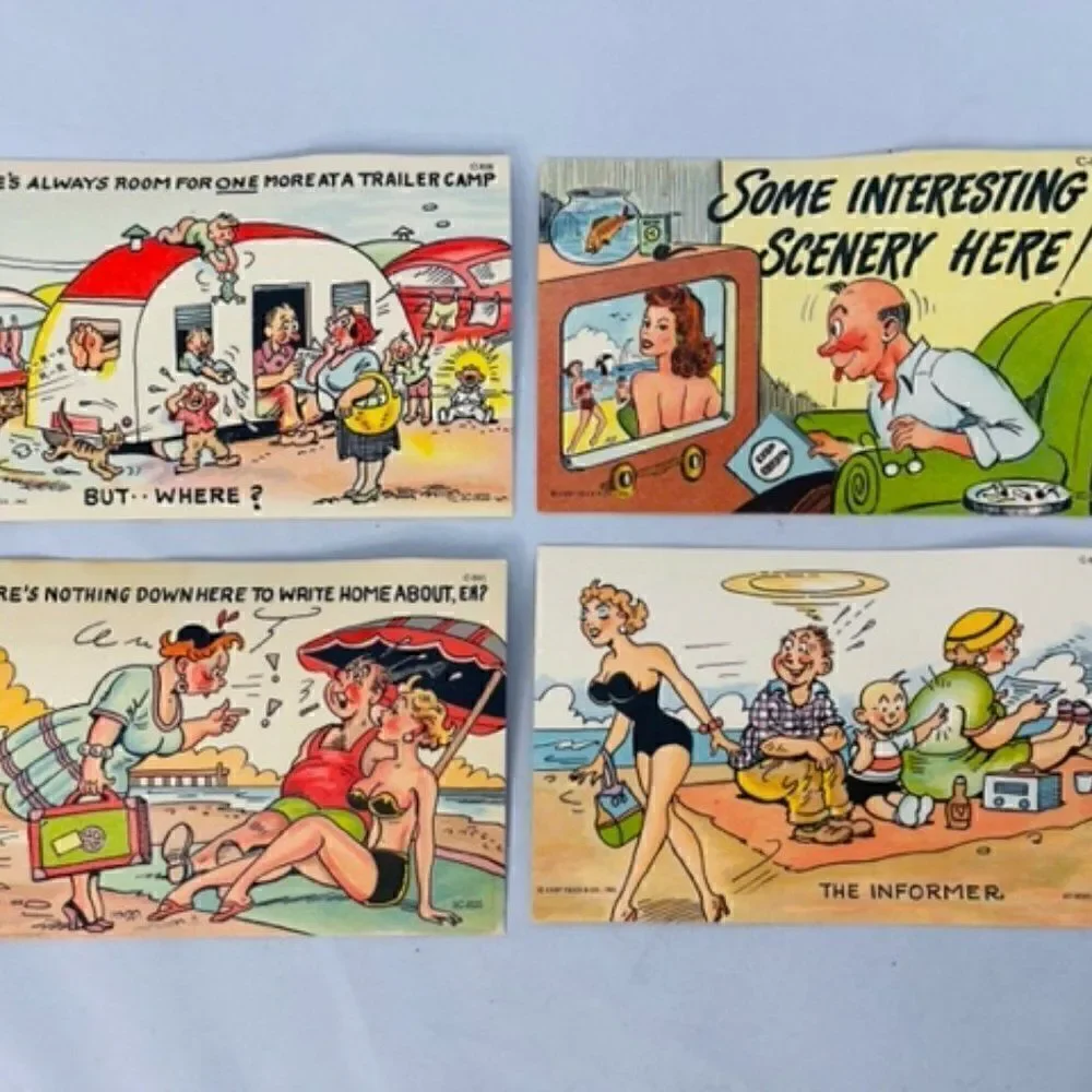 4 Vintage Comedy Postcard   The Informer Trailer Camp Home LINEN UNPOSTED TEICH